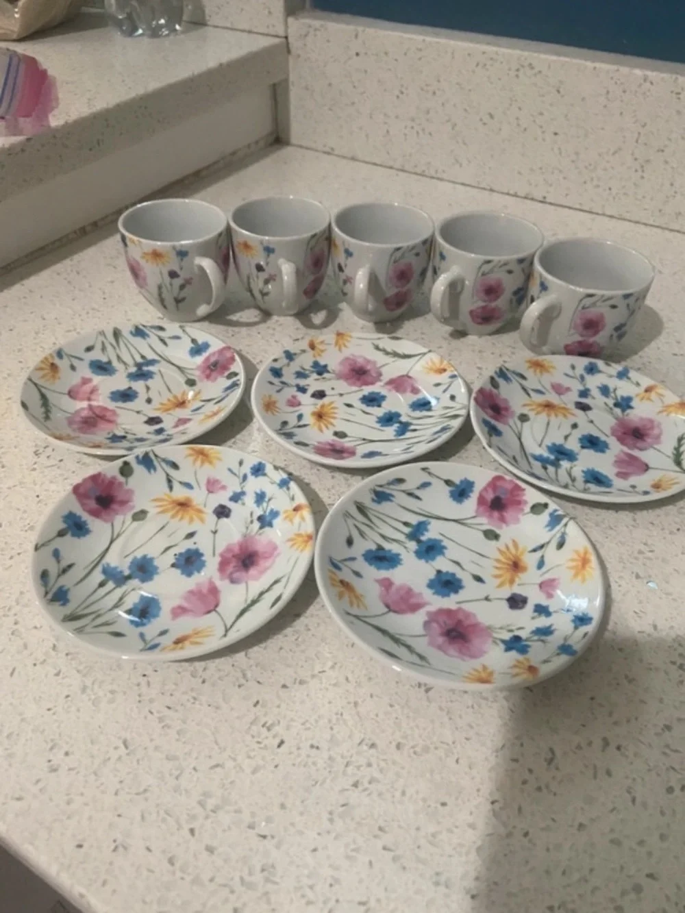 Floral Ceramic Tea Cup and Saucer Set - White with Pink, Blue & Yellow Flowers